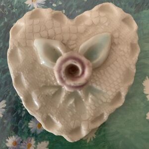 Porcelain Heart Brooch with Pink Rose Accent